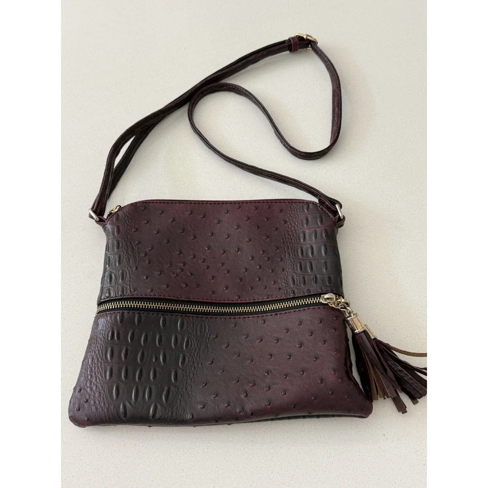 Deluxity Vegan Faux Ostrich Leather Purse Handbag Crossbody Burgundy